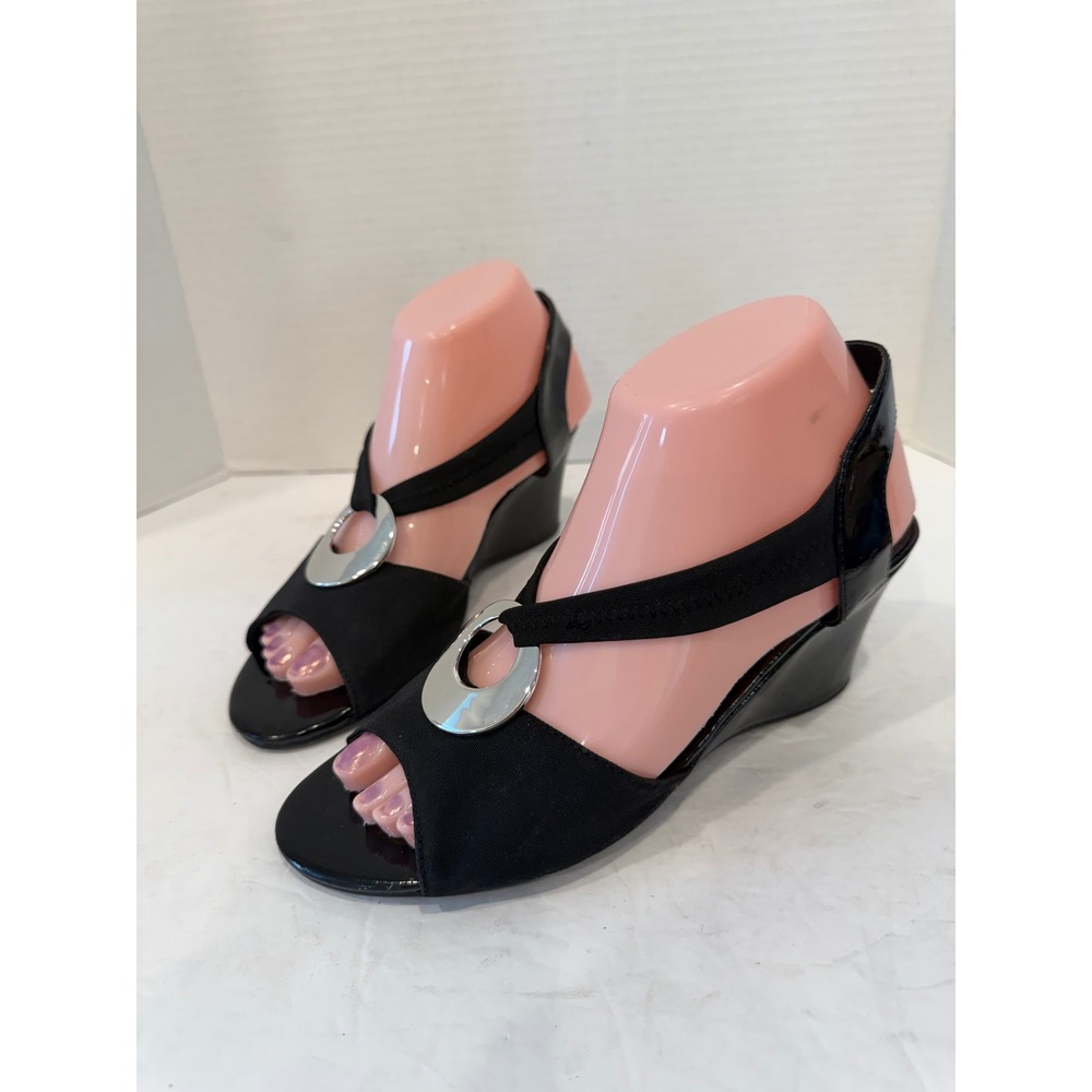 Impo Vamos Black Stretch Mesh Silver Accent Slingback Wedge Sandals Sz 7M
